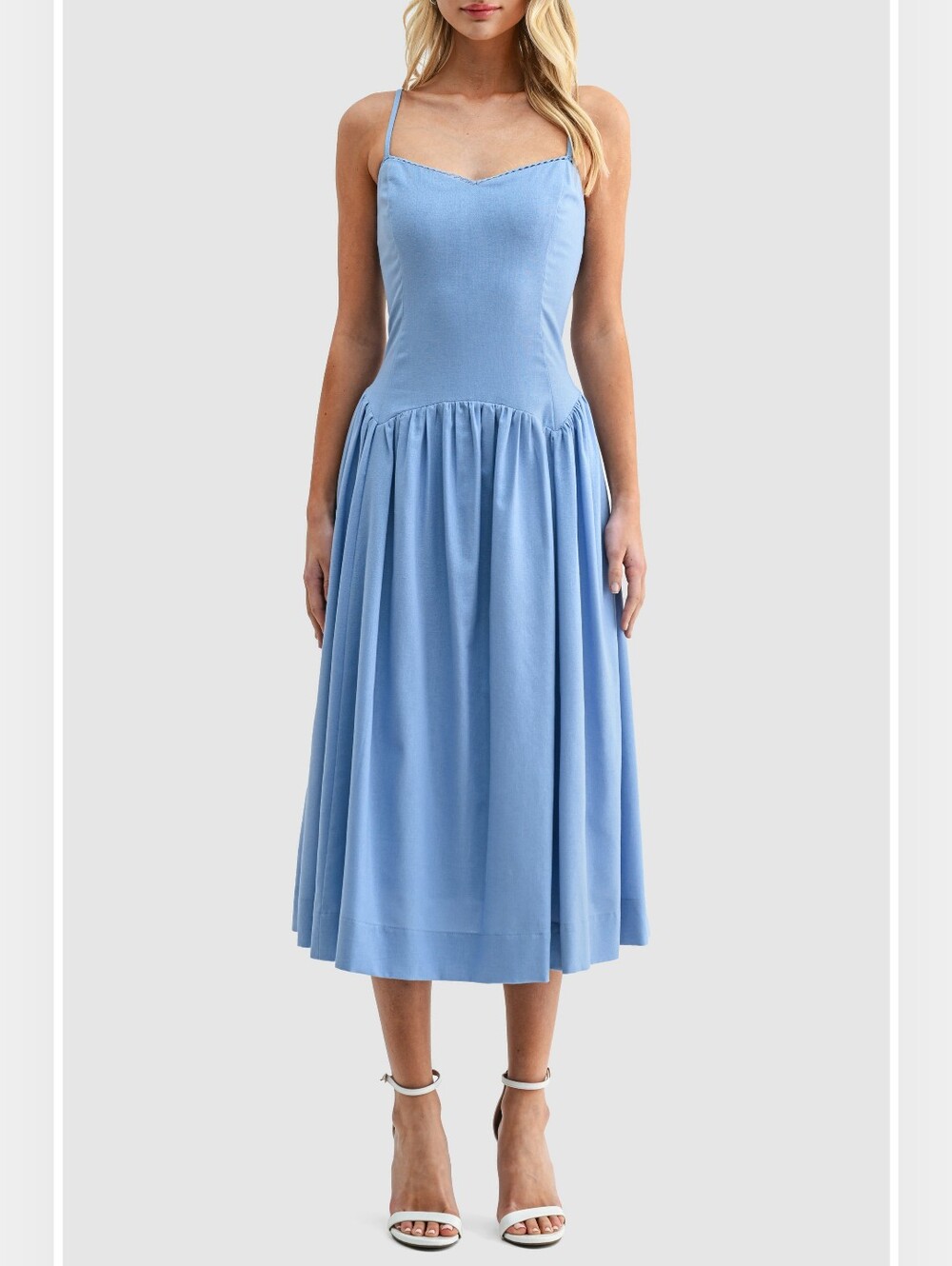 All In Favor Drop Waist Cotton & Linen Periwinkle Midi Dress - Small